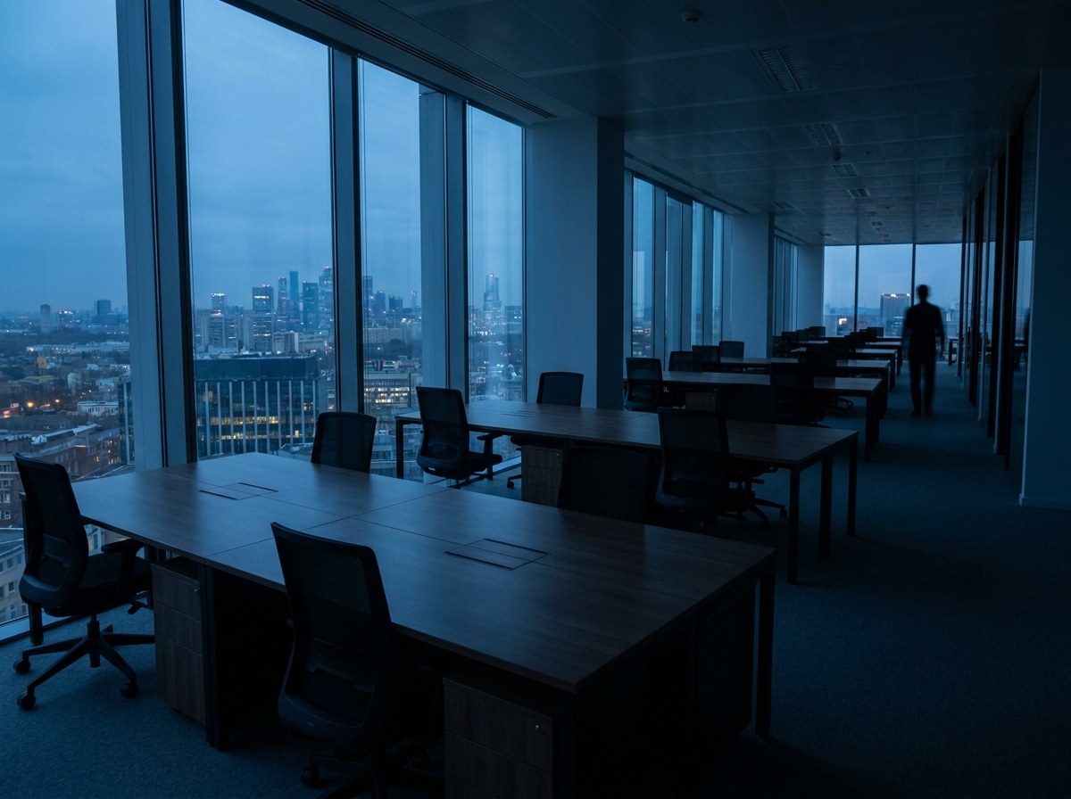 An emptying corporate office at dusk